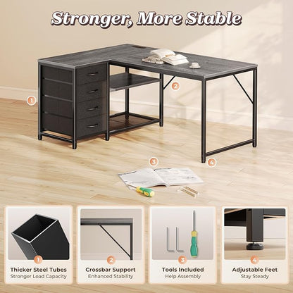 PRAISUN 43.3" Small Computer Desk with Power Outlets & USB-C Port, Reversible L Shaped Corner Office Desk with 4 Fabric Drawers and 2 Adjustable Storage Shelves, for Gaming Writing, Grey