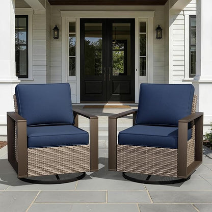 Joyside Outdoor Patio Swivel Rocker Chairs Set, 2 Pieces Wicker Rattan Chairs with Metal Wide Armrest, Thick Cushions and Deep Seating for Garden, Backyard, Porch, Deck