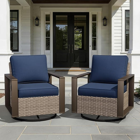 Joyside Outdoor Patio Swivel Rocker Chairs Set, 2 Pieces Wicker Rattan Chairs with Metal Wide Armrest, Thick Cushions and Deep Seating for Garden, Backyard, Porch, Deck