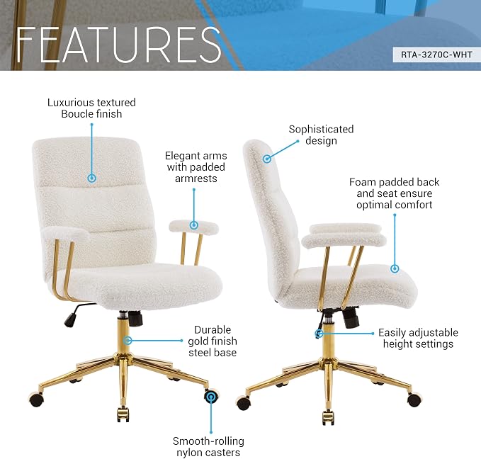 Techni Mobili Boucle Office Chair, Adjustable Desk Chair, White & Gold | White boucle office chair, gold base, padded seat, height adjustable, modern desk chair, textured fabric, swivel, ergonomic