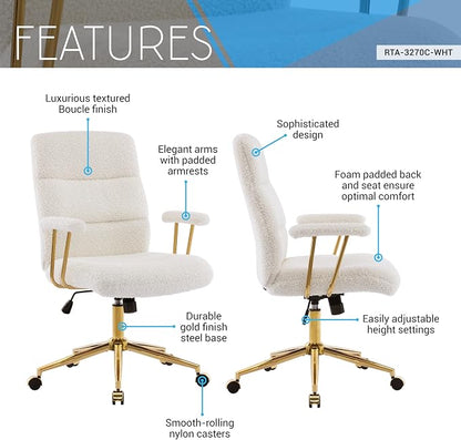 Techni Mobili Boucle Office Chair, Adjustable Desk Chair, White & Gold | White boucle office chair, gold base, padded seat, height adjustable, modern desk chair, textured fabric, swivel, ergonomic
