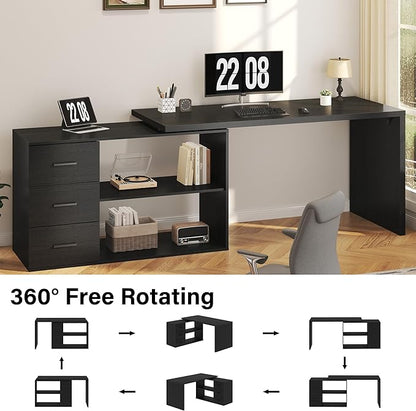 HSH L Shaped Office Desk with Drawers Shelves 55-76 Inch, Corner Computer Desk with Storage 360 Rotating Long for Executive, Work, Study, Writing, Teacher, Bedroom Modern Gaming Table Black