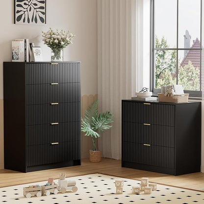 Furniway Black Dresser for Bedroom, Modern Dresser with 3 Drawers and Smooth Slides, Wide Chest of Drawers with Golden Handles for Bedroom, Living Room, Closet, 15.7" D x 31.5" W x 29.6" H