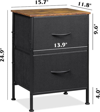 WLIVE Nightstand, Nightstand with 2 Drawers, Bedside Furniture, Night Stand, Small Dresser for Bedroom, College Dorm, End Table with Fabric Bins, Dormitory, Black and Rustic Brown