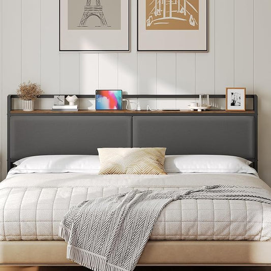 King Size Headboard Only with Storage Shelves, Upholstered Headboard with Charging Station, Height Adjustable, Sturdy and Stable, Vintage Style, Rustic Brown, Gray and Black