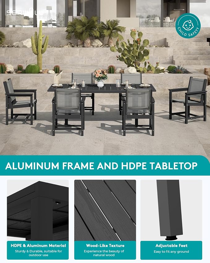 SERWALL HDPE Outdoor Dining Set for 8 with Textilene Chairs, Black | 60" - 83" Aluminum Expandable Patio Dining Table and Breathable Textilene Chairs, All Weather HDPE Patio Furniture Set