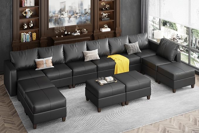 Ease MOOSEO versized Sectional Sofa Modular Couch with Reversible Chaises, Black Faux Leather Sectional Sofa U Shaped Sectional Couch with Storage Large Sleeper Sectional Modular Sofa
