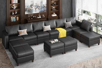 Ease MOOSEO versized Sectional Sofa Modular Couch with Reversible Chaises, Black Faux Leather Sectional Sofa U Shaped Sectional Couch with Storage Large Sleeper Sectional Modular Sofa