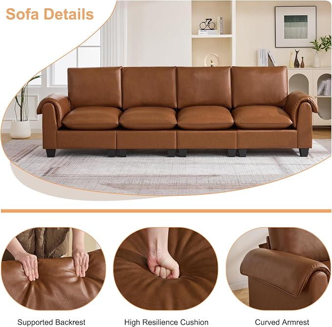 118" Faux Leather Modular Sectional Upholstered Sofa, Oversized 4 Seater Couch with Curved Armrests, Cloud Modern Upholstered Deep Seat Sofa for Living Room, Brown