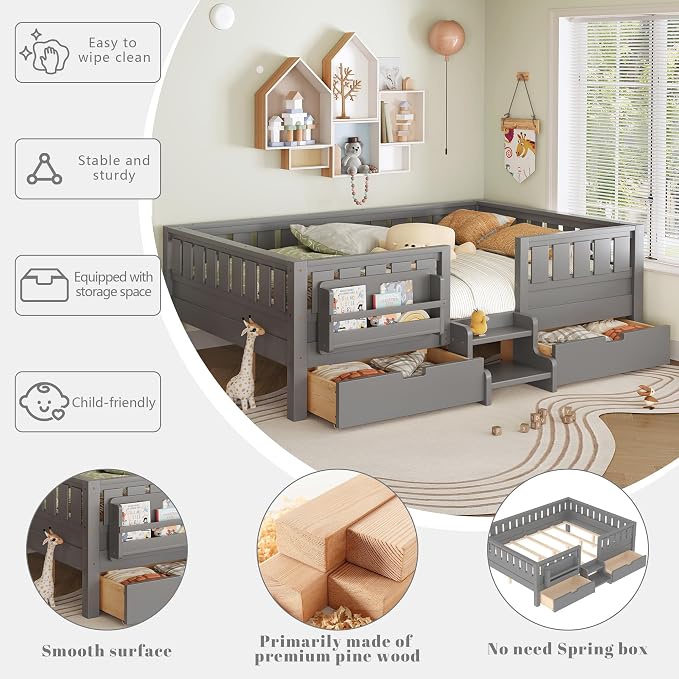 Bellemave Queen Bed with Storage Drawers & Bookshelf, Low Profile Kids Bed Frame with Staircase & Full Length Guardrails, Solid Wood Queen Bed for Kids with Slats Load 550LBS, Easy Assembly, Grey