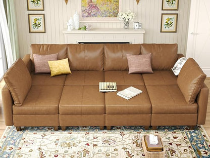 EASE MOOSE Modular Sectional Sofa Sleeper Couch with Storage,Faux Leather Sectional Large Moduar Sofa Bed,Brown