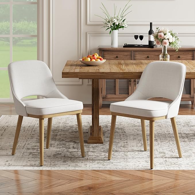 Modern Upholstered Dining Chairs Set of 2, Open Back with Solid Wood Legs, Ergonomic Curved Back Fabric Kitchen Chairs for Dining Room & Kitchen, Living Room Side Chairs, Farmhouse, Beige