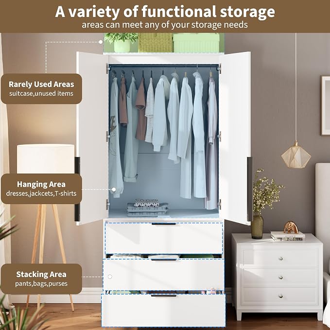 GarveeHome Armoire Wardrobe Closet, 69.5 in Wooden Wardrobe Cabinet with 3 Drawers, Hanging Rod, 2 Doors Clothing Storage Cabinet for Bedroom, Large Capacity Storage, Rattan Door, White