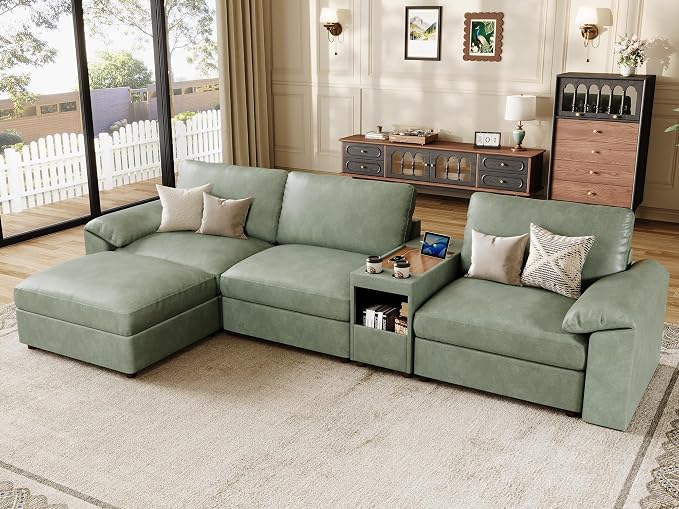 EASE MOOSE Leather Sectional Couch with Console,Oversized Modular Sectional Sofas,Wide Deep Seat Modular Couch,Scratch Resistant Faux Leather Material,L Shaped Sofa for Big Spaces,Green