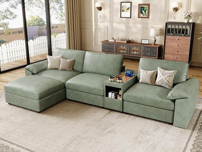 EASE MOOSE Leather Sectional Couch with Console,Oversized Modular Sectional Sofas,Wide Deep Seat Modular Couch,Scratch Resistant Faux Leather Material,L Shaped Sofa for Big Spaces,Green