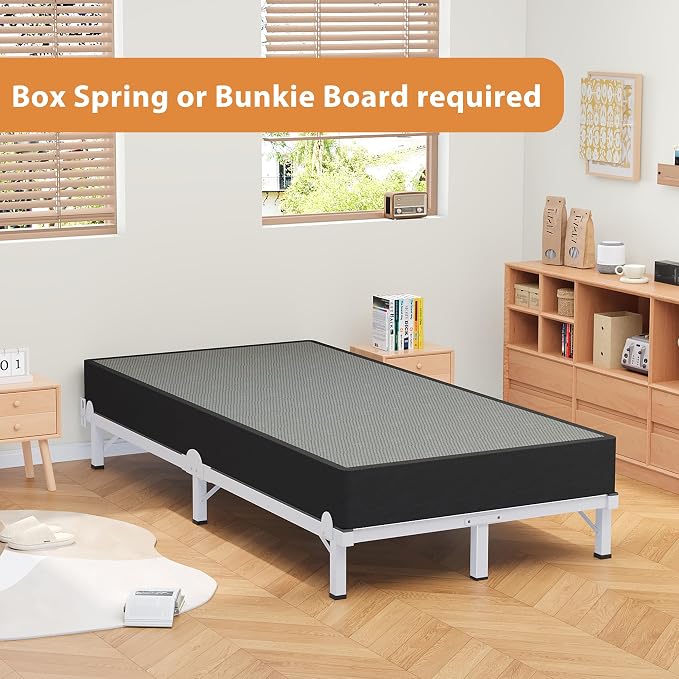 MAF Metal Bed Frame Twin, 9-Legs Support Bed Base, 8 Inches Twin Bed Frame for Box Spring and Mattress, Basics Bed Frame Headboard Attachable Tool-Free Easy Assembly, White