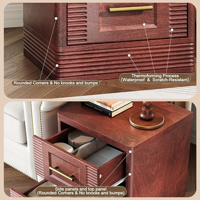 RECHHX Small Dresser for Bedroom, Farmhouse Nightstand with 2 Drawer for Narrow Spaces, Thermoformed Curved End Table for Bedroom, Living Room, Walnut Cherry