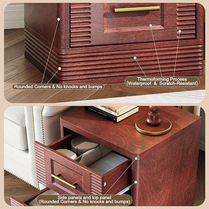 RECHHX Small Dresser for Bedroom, Farmhouse Nightstand with 2 Drawer for Narrow Spaces, Thermoformed Curved End Table for Bedroom, Living Room, Walnut Cherry