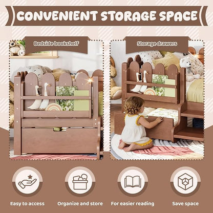 Bellemave Twin Kids Montessori Bed with Stairs, Bookshelf and LED Lights, Solid Wood Kids Bed Frame with Storage Drawers for Boys Girls, Low Profile,Deep Natural