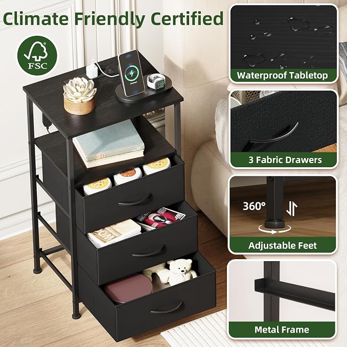 Somdot Nightstands Set of 2,Bedside Tables with Charging Station and LED Lights,Night Stand with 3 Fabric Drawers, End Tables with Open Shelf for Small Spaces Bedroom Entryway Hallway, Black
