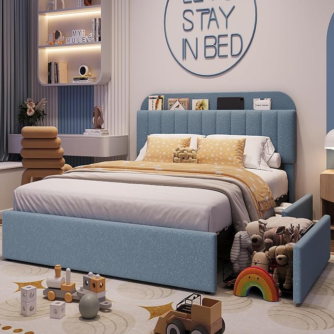 Garvee Full Size Bed Frame with 2 Flexible Drawers, Boucle Upholstered Platform Bed Frame with Bookcase Headboard, Bedframe for Kids/Boys, Easy Assembly, No Box Spring Needed, Noise Free, Blue