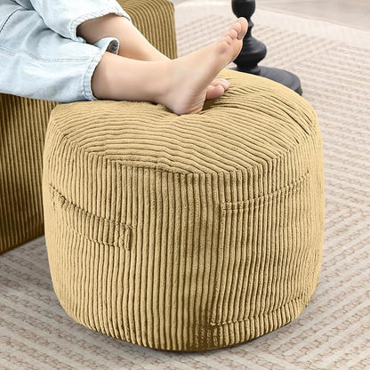 Round Stuffed Pouf Ottoman,Corduroy Foot Rest with Rebound Foam Filled, Furry and Fluffy Foot Stool Ottoman, Floor Poufs for Living Room (Yellow, 20" D x 20" W x 15" H)
