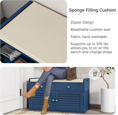 WARMHONIU Shoe Storage Bench with 2 Drawers, Entryway Bench with Cushion, Adjustable Shelves, Shoe Rack Bench with Louvered Doors for Entryway, Bedroom, Hallway, Blue
