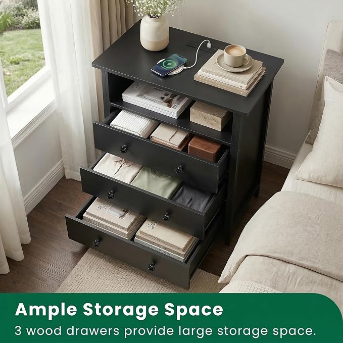 27 Inch LED Nightstand with Charging Station & 3 Drawers, Black | Solid Wood and Steel Frame, 2 AC Outlets, 2 USB Ports, RGB App Control, Open Storage, Adjustable Feet, for Bedroom or Office