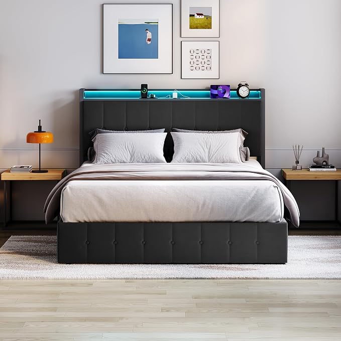 Garvee Full Size Lift Up Storage Bed with LED Lights, Upholstered Velvet Bed Frame with Storage Headboard & Charging Station, Metal Platform Bed, No Box Spring Needed, Solid Wooden Slats, Black