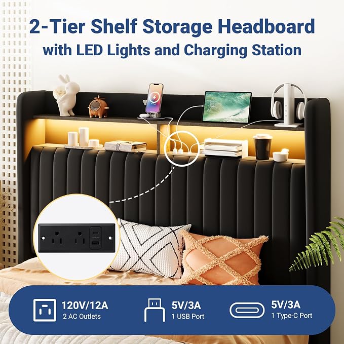 Allewie Queen Size Lift Up Hydraulic Storage Bed Frame, 2-Tier Shelf Headboard with LED Lights and Charging Station, USB and Type C Ports, Wingback Velvet Headboard, No Box Spring Needed, Black