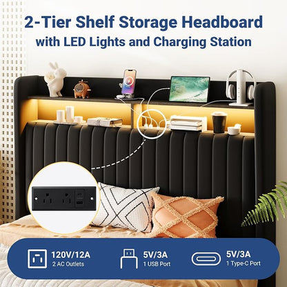 Allewie Queen Size Lift Up Hydraulic Storage Bed Frame, 2-Tier Shelf Headboard with LED Lights and Charging Station, USB and Type C Ports, Wingback Velvet Headboard, No Box Spring Needed, Black