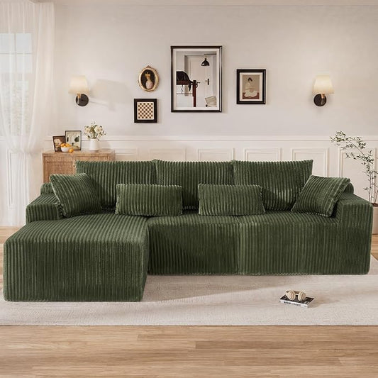 110" L Shaped Cloud Boneless Sectional Couches for Living Room, Modern Comfy Modular Deep Seat Memory Foam Compressed Corduroy Sofa Oversized Left Facing Chaise, No Assembly Required, Green