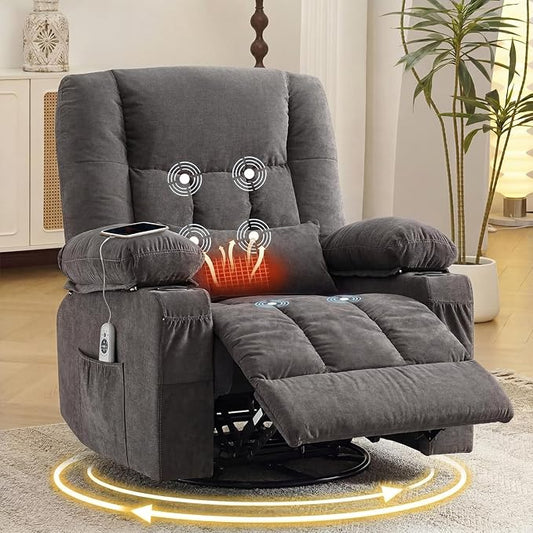 Swivel Rocker Recliner Chair with Vibration Massage and Heat Ergonomic Lounge Chair for Living Room with Rocking Function and Side Pocket, 2 Cup Holders, USB Charge Port