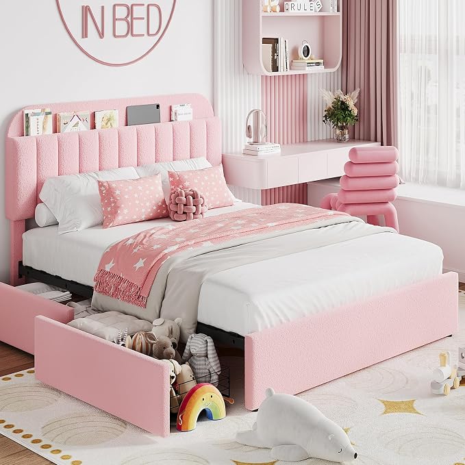 Garvee Full Size Bed Frame with 2 Flexible Drawers, Boucle Upholstered Platform Bed Frame with Bookcase Headboard, Bedframe for Kids/Girls, Easy Assembly, No Box Spring Needed, Noise Free, Pink