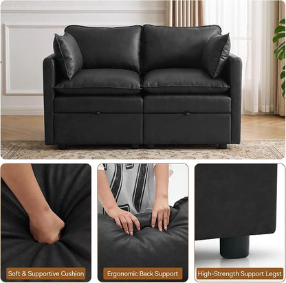55" Black Faux Leather Storage Loveseat Sofa, Upholstered 2 Seater Sofa | Modern Deep Seat Cloud Sofa Chair, Small Love Seat Comfy Modular Sectional Sofa for Living Room, Bedroom, Small spaces