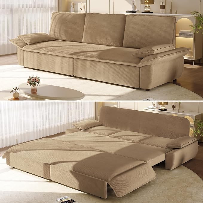 94.5'' Sleeper Sofa Bed King Size, Modern Corduroy Pull Out Couch, 3-in-1 Convertible Futon Sofa, 3 Seater Couches, Cloud Recliner, Pillow Arm, for Living Room, Apartment, RV, Offices, Camel
