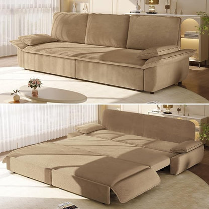 94.5'' Sleeper Sofa Bed King Size, Modern Corduroy Pull Out Couch, 3-in-1 Convertible Futon Sofa, 3 Seater Couches, Cloud Recliner, Pillow Arm, for Living Room, Apartment, RV, Offices, Camel