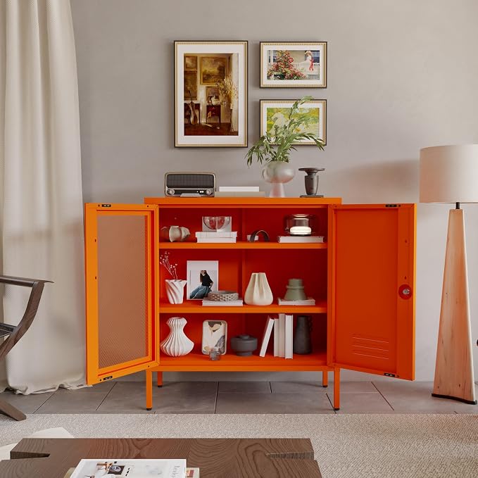 Orange Metal Locker CabinetsMetal Locker Storage Cabinet with Mesh Doors and Adjustable Shelves Coffee Bar Cabinet,Kitchen Pantry Storage Cabinets for Home, Office, Entryway and Hallway ﻿
