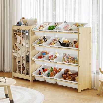 EXPERLAM Kids Toy Storage Organizer, 2-in-1 Stuffed Animal Storage & Toy Organizer w/12 Bins, Solid Wood Toy Rack Featuring Thicker Elastic Ropes to Hold Toys, Playroom Nursery Bedroom Storage, White