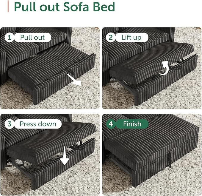 HONBAY Modular Sectional Sofa with Pull Out Bed,Corduroy L Shaped Sleeper Sofa with Storage, Sectional Couches for Living Room,Dark Grey