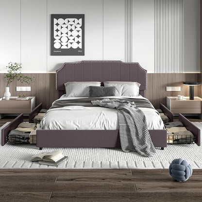 VECELO Queen Velvet Upholstered Platform Bed Frame with 4 Rollers Storage Drawers,Queen Size Bed with Tufted Height Adjustable Headboard,Wooden Slats/No Box Spring Needed/Easy Assembly