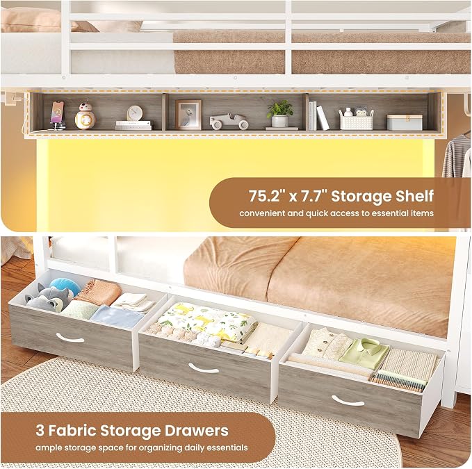 VIAGDO Bunk Bed Twin Over Twin with 8 Storage Drawers and Power Outlets, LED Twin Bunk Beds with Hall Tree and Shelves, Metal Bunk Beds with Safety Guardrail & Ladder for Dorms, Kids, White