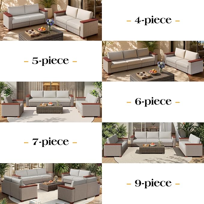 PaPaJet 6-Piece Wicker Patio Furniture Set with Solid Wood Armrest, Outdoor Patio Set with Thick Legs, UV-Resistant Modular Outdoor Sectional Sofa for Backyard, Porch, Garden