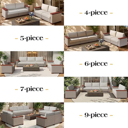 PaPaJet 6-Piece Wicker Patio Furniture Set with Solid Wood Armrest, Outdoor Patio Set with Thick Legs, UV-Resistant Modular Outdoor Sectional Sofa for Backyard, Porch, Garden