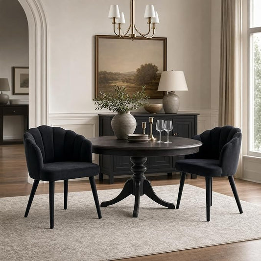 Hyfirm Velvet Dining Chairs Set of 2, Upholstered Modern Kitchen Dining Chairs with Petal Back & Fabric Covered Wooden Legs, Comfy Accent Armchairs for Bedroom/Kitchen/Vanity, Black