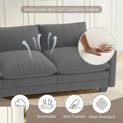 Gizoon 110'' Oversized L Shaped Couch for Living Room, Cloud Couches with Washable Corduroy Cover, Modern 4-Seater Comfy Deep-Seat Sofa with Movable Ottoman and 2 Throw Pillows for Apartment, Gray