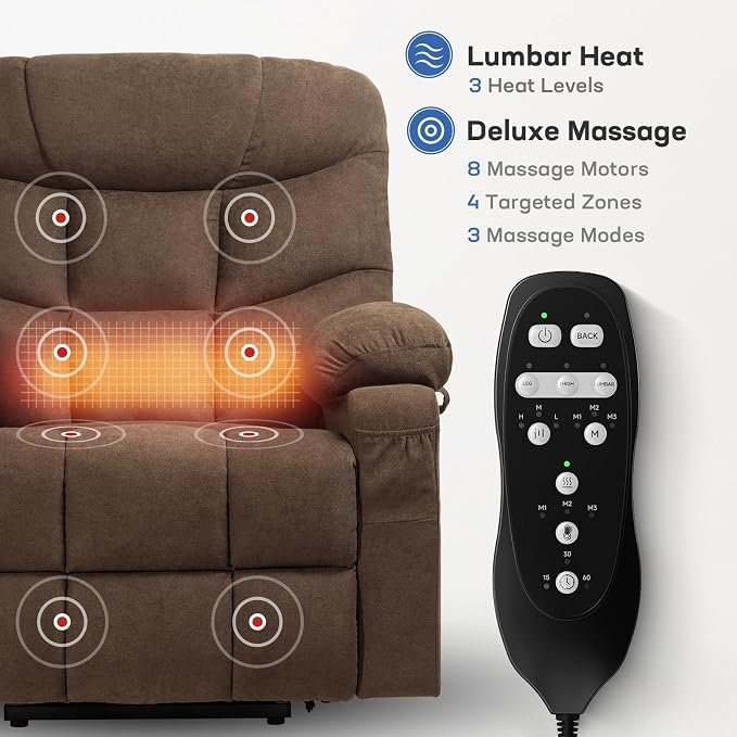 Tami Tami Dual Motor Power Lift Chair Recliner for Elderly with Massage and Heat, Infinite Position Electric Lift Recliner with USB A&C, Cup Holders (T6012 - Linen Fabric, Brown, Oversized)