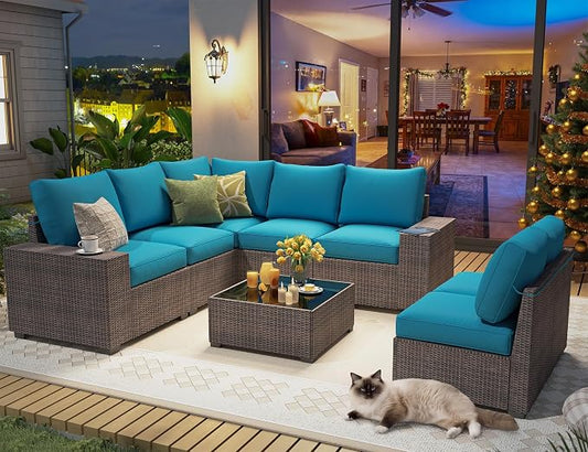 olimix 8 Piece Outdoor Patio Furniture Set, Outdoor Sectional Furniture, Rattan & Wicker Modern Modular Conversation Set Sofa Couch W/Water Resistant Washable Thick Cushions, Brown/Peacockblue