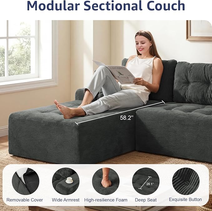 Hobestluk Modular Sectional Sofa Couches L-Shape Couch 3 Seat Modular Sofa Memory Foam Sectional Couches for Living Room, Cloud Couch with Oversized Chaise (Charcoal Corduroy, 96", Left Hand Facing)
