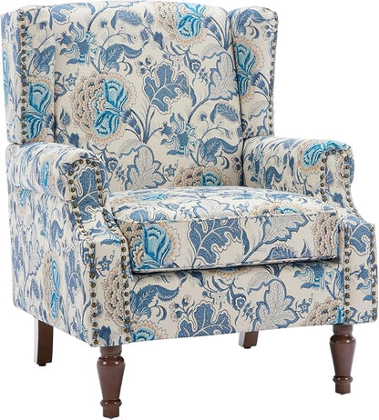 High Back Accent Chairs Set of 2, Floral Wingback Chair Fabric Upholstered Armchair for Living Room, Nailhead Trim Single Sofa Bedroom Reading Seat - Boho Blue